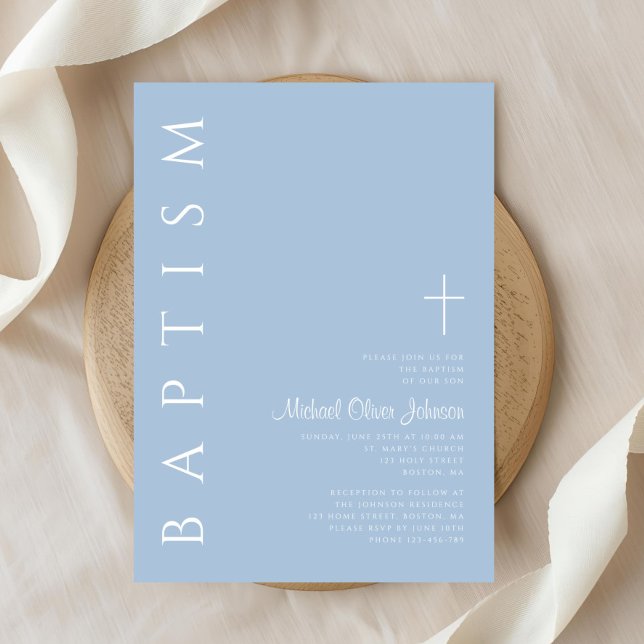 Invitation Baptême élégant moderne garçon croix bleue (Modern Elegant Blue Cross Boy Baptism Invitation)