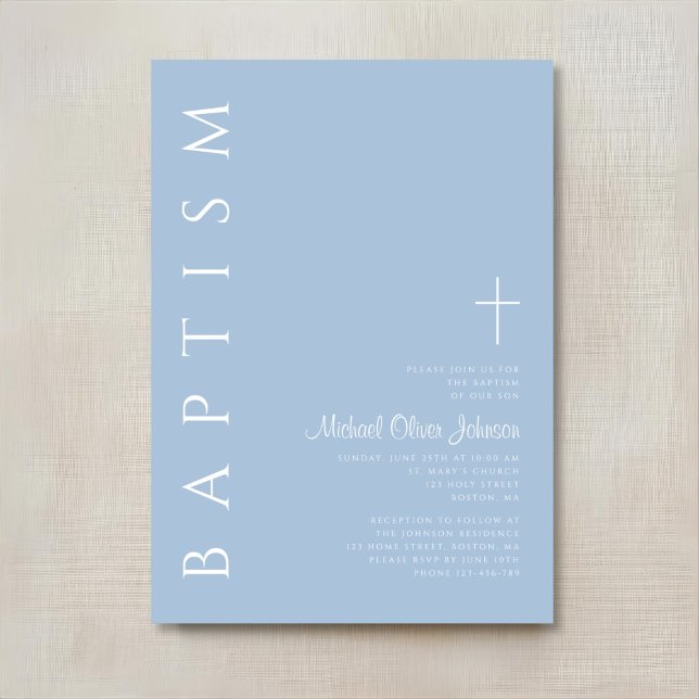 Invitation Baptême élégant moderne garçon croix bleue (Modern Elegant Blue Cross Boy Baptism Invitation)