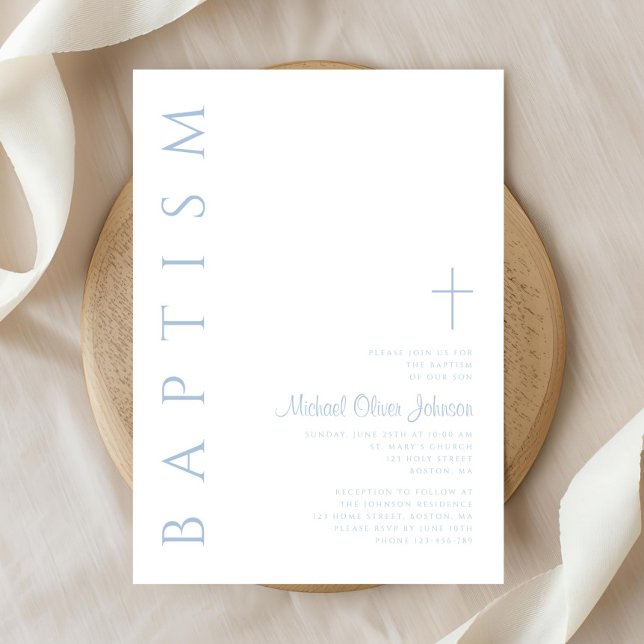 Invitation Baptême élégant moderne garçon croix écriture bleu (Elegant Modern Blue Script Cross Boy Baptism Invitation)