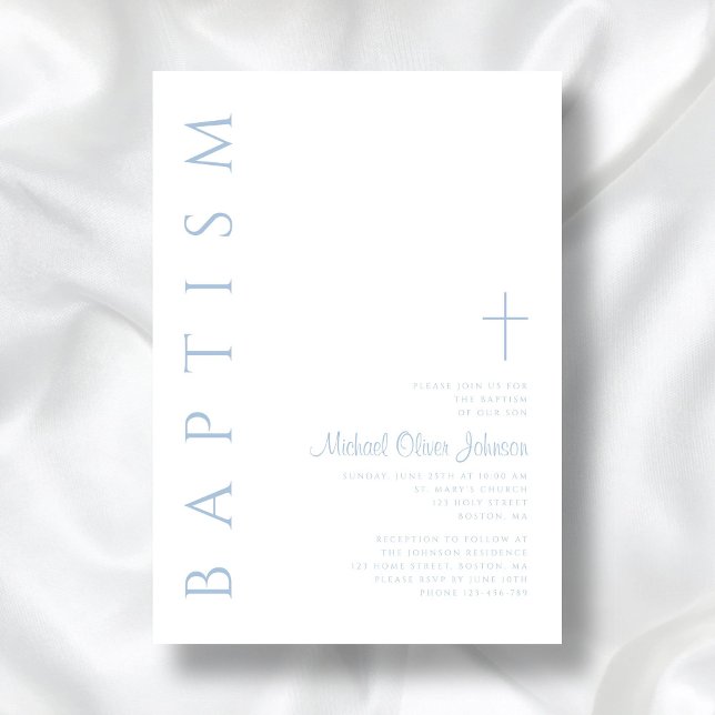 Invitation Baptême élégant moderne garçon croix écriture bleu (Elegant Modern Blue Script Cross Boy Baptism Invitation)