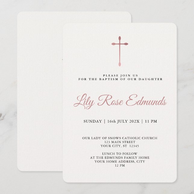 Invitation Baptême élégant moderne or rose et noir  (Devant / Derrière)