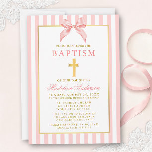 Invitation Baptême élégant moderne rose rayé avec noeud