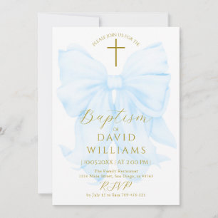 Invitation Baptême élégant numérique garçon ruban or et bleu