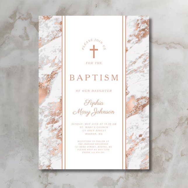 Invitation Baptême élégant or rose (Elegant Rose Gold Baptism Invitation)