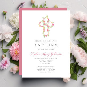 Invitation Baptême élégant personnalisé croix florale rose