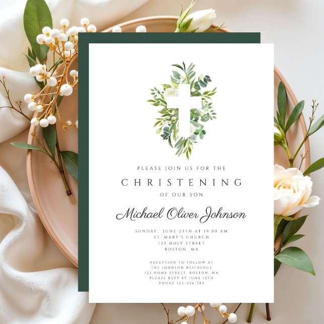 Invitation Baptême élégant religieux botanique croix (Elegant Religious Botanical Cross Christening Invitation)