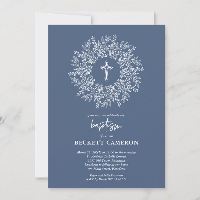 Invitation Baptême élégant religieux croix bleue (Devant)