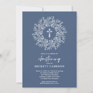 Invitation Baptême élégant religieux croix bleue garçon