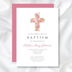 Invitation Baptême élégant religieux croix florale rose