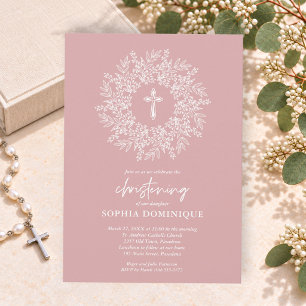 Invitation Baptême élégant religieux croix rose fille