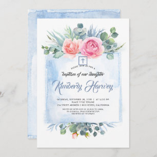 Invitation Baptême élégant rose et bleu roux