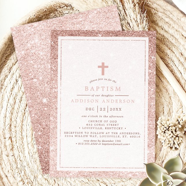 Invitation Baptême élégant rose pailleté avec croix (Créateur téléchargé)