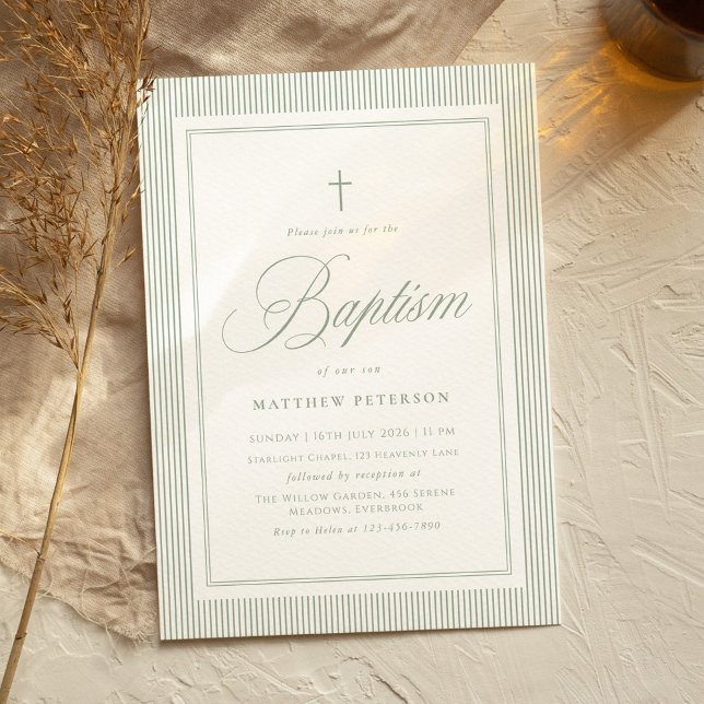 Invitation Baptême Élégant Vert Sauge Calligraphie (Créateur téléchargé)