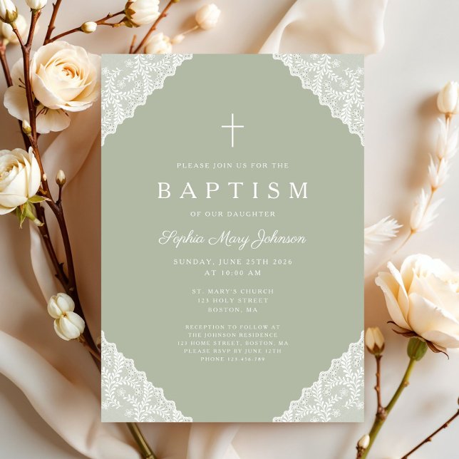 Invitation Baptême Elégant Vert Sauge Dentelle (Elegant Lace Sage Green Baptism Invitation)