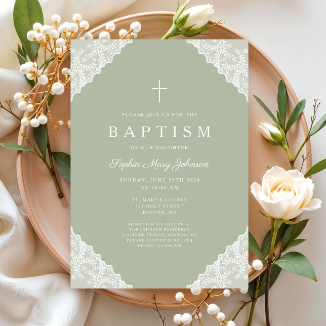 Invitation Baptême Elégant Vert Sauge Dentelle (Elegant Lace Sage Green Baptism Invitation)