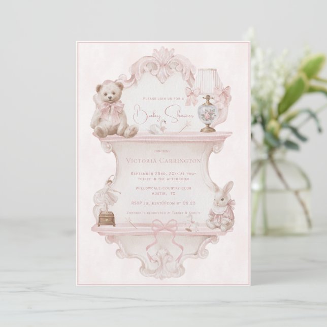 Invitation Baptême élégant vintage rose pour bébé (Debout devant)