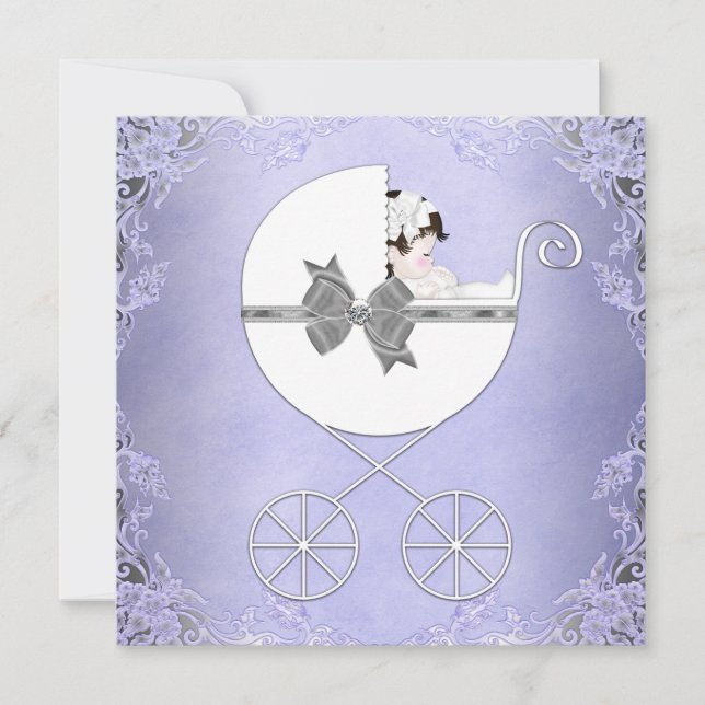 Invitation Baptême élégant violet et gris pour bébé fille (Devant)