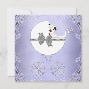 Invitation Baptême élégant violet et gris pour bébé fille