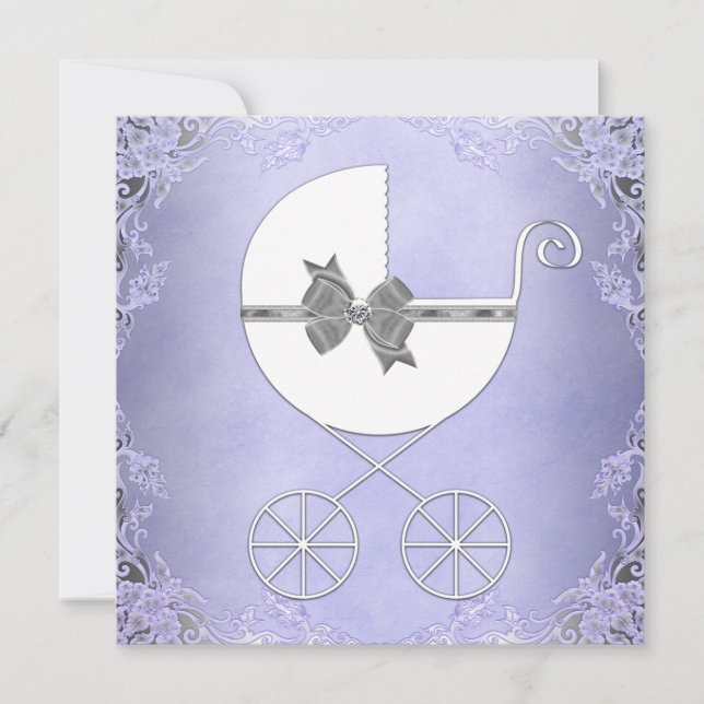 Invitation Baptême élégant violet et gris pour bébé fille (Devant)