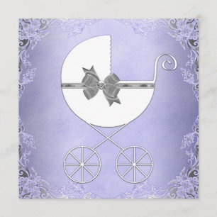 Invitation Baptême élégant violet et gris pour bébé fille