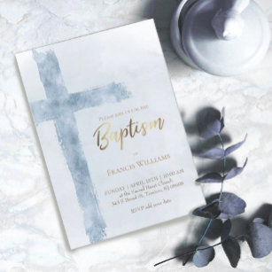 Invitation Baptême élégante couleur bleue moderne croix
