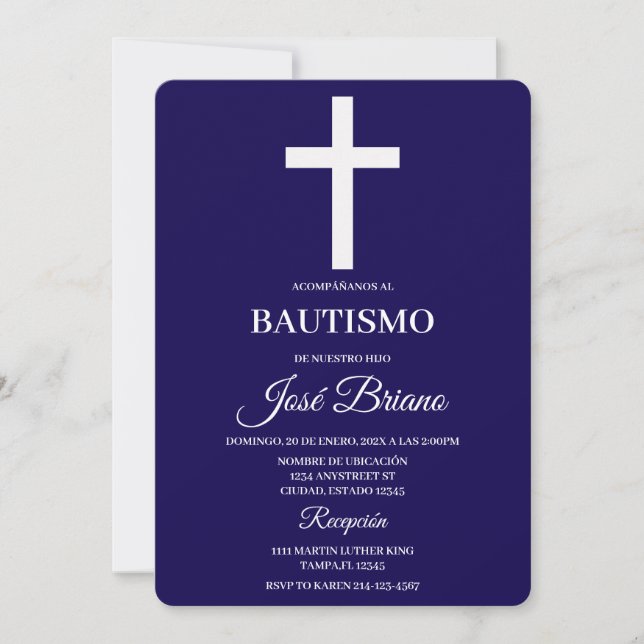 Invitation Baptême en bleu marine en espagnol (Devant)