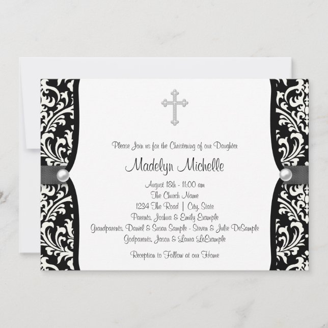 Invitation Baptême en Damassé Blanc et Noir Perle Croix (Devant)