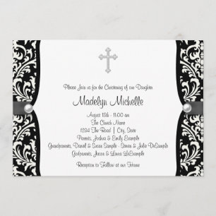 Invitation Baptême en Damassé Blanc et Noir Perle Croix