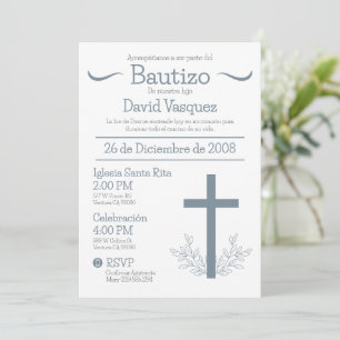 Invitation Baptême en espagnol Cute Bautizo Cross et Feuille 