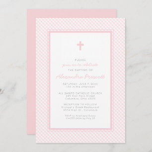 Invitation baptême En vichy fille rose