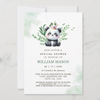 Invitation Baptême Enfant Garçon Ourson Panda Mignon Végétati