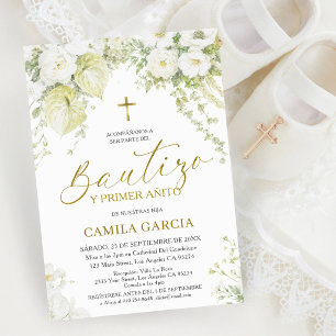 Invitation Baptême espagnol blanc et or et premier anniversai