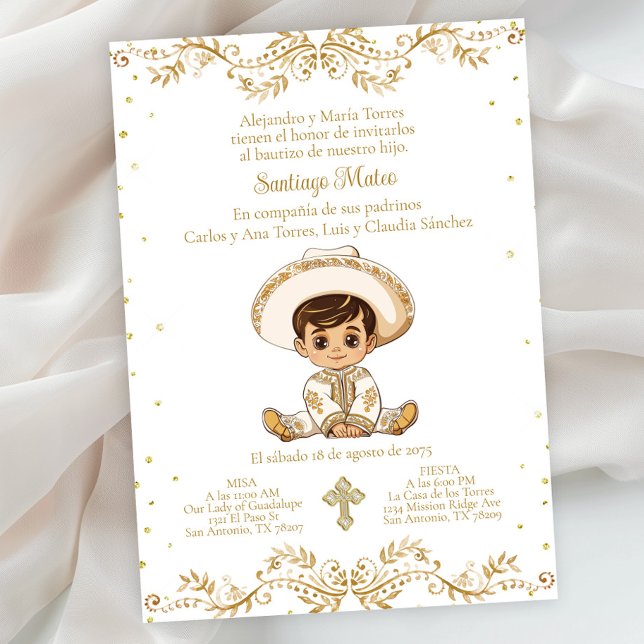 Invitation Baptême espagnol Charro pour garçon (Boy gold charro baptism invitation. Simply add your event details.)