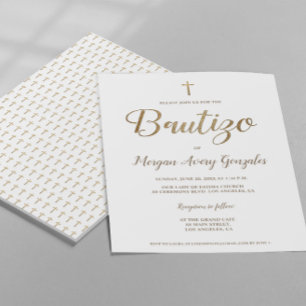 Invitation Baptême espagnol Croix d'or blanc Bautizo simple