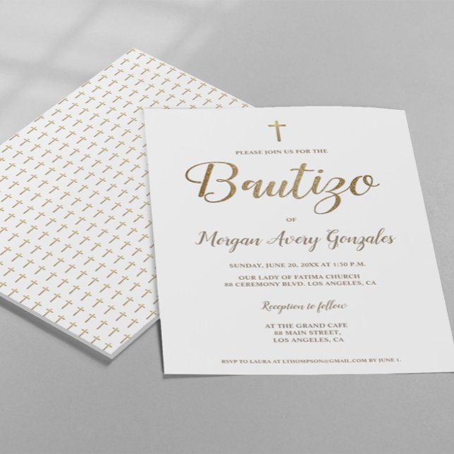 Invitation Baptême espagnol Croix d'or blanc Bautizo simple (Elegant, Simple Bautizo Spanish Baptism customizable invitation template Gold cross and white design)