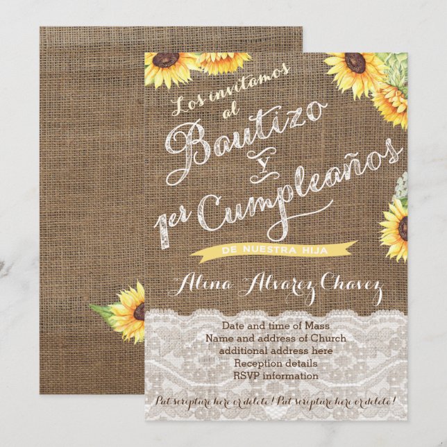 Invitation Baptême espagnol et premier anniversaire pour lati (Devant / Derrière)