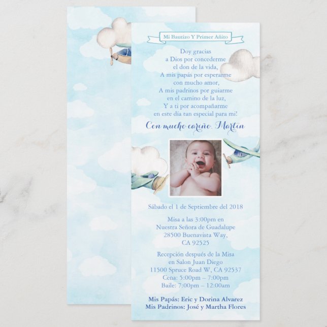 Invitation Baptême espagnol Fête d'anniversaire de 1 an (Devant / Derrière)