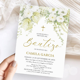 Invitation Baptême Espagnol Floral Blanc & Or Bautizo
