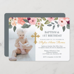 Invitation Baptême et 1er anniversaire aquarelle Fleurs photo
