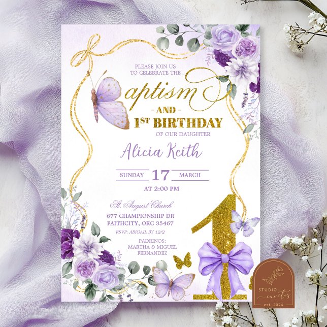 Invitation Baptême et 1er anniversaire de papillon violet Coq (Créateur téléchargé)