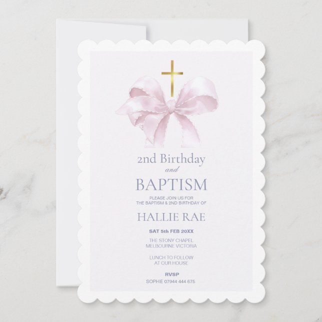 Invitation Baptême et 2e anniversaire Moderne Ruban Rose (Devant)