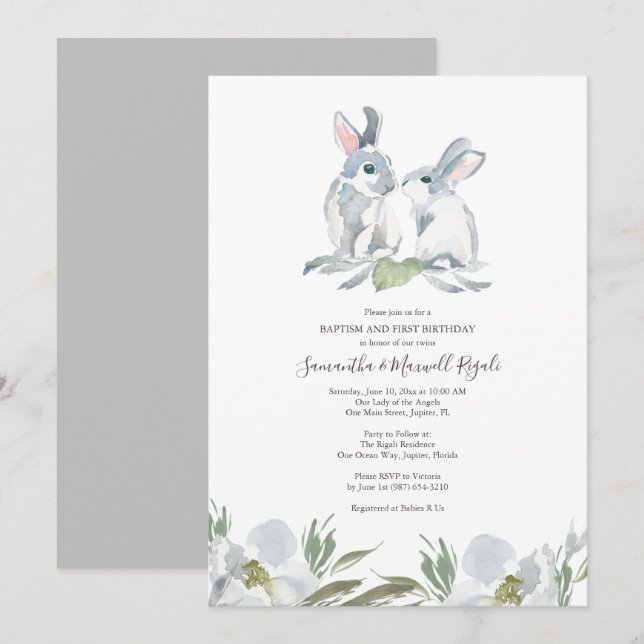 Invitation Baptême et anniversaire de lapin neutre pour le ge (Devant / Derrière)