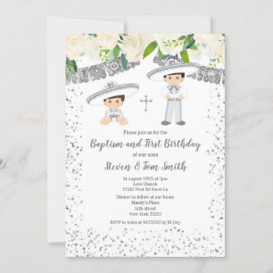 Invitation  Baptême et anniversaire Fiesta Floral Twins Boy 