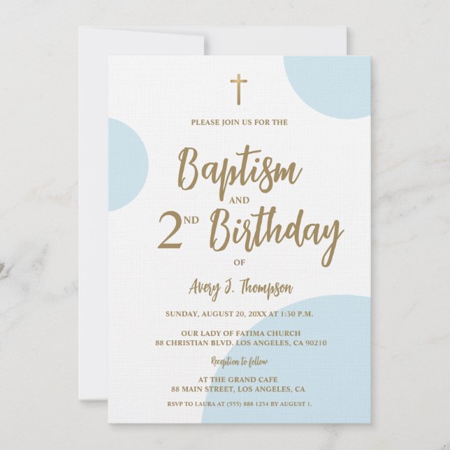 Invitation Baptême et deuxième anniversaire bleu et or modern (Devant)