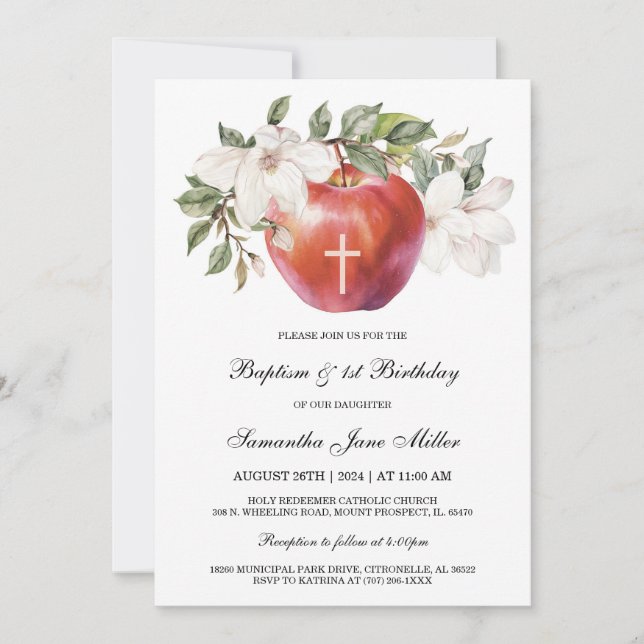Invitation Baptême et modèle de pomme pour premier anniversai (Devant)