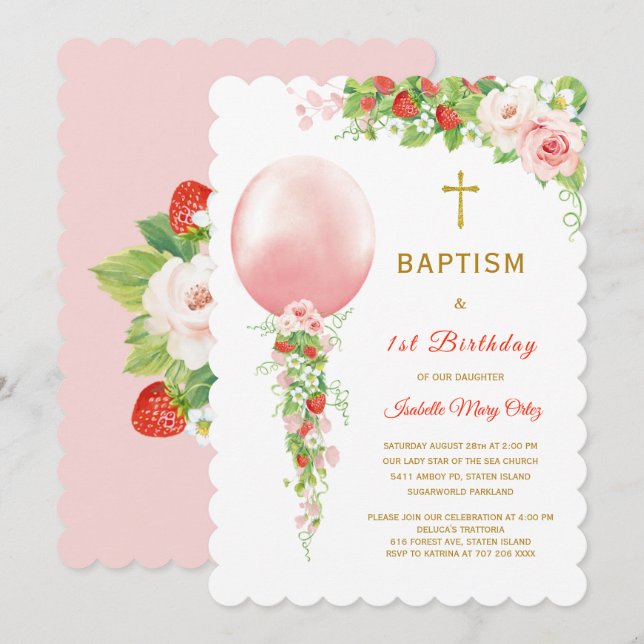 Invitation Baptême et premier anniversaire à la fraise (Devant / Derrière)