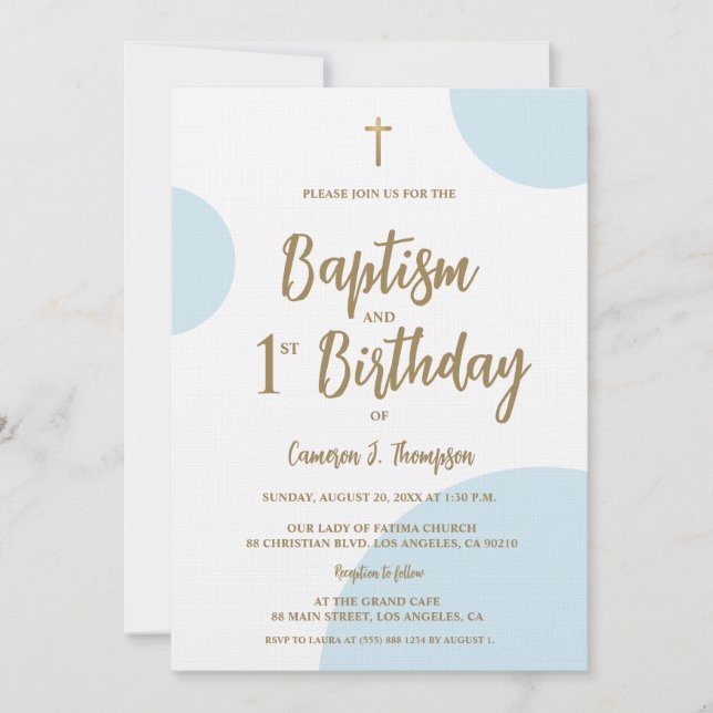 Invitation Baptême et premier anniversaire avec croix bleu or (Devant)