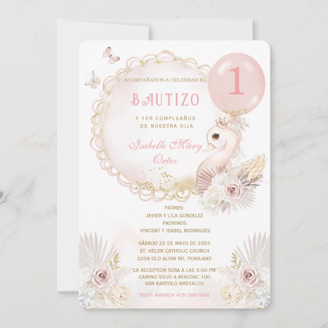 Invitation Baptême et premier anniversaire Cygne (Devant)
