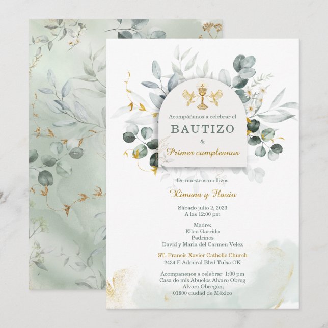Invitation Baptême et premier anniversaire de jumeaux (Devant / Derrière)