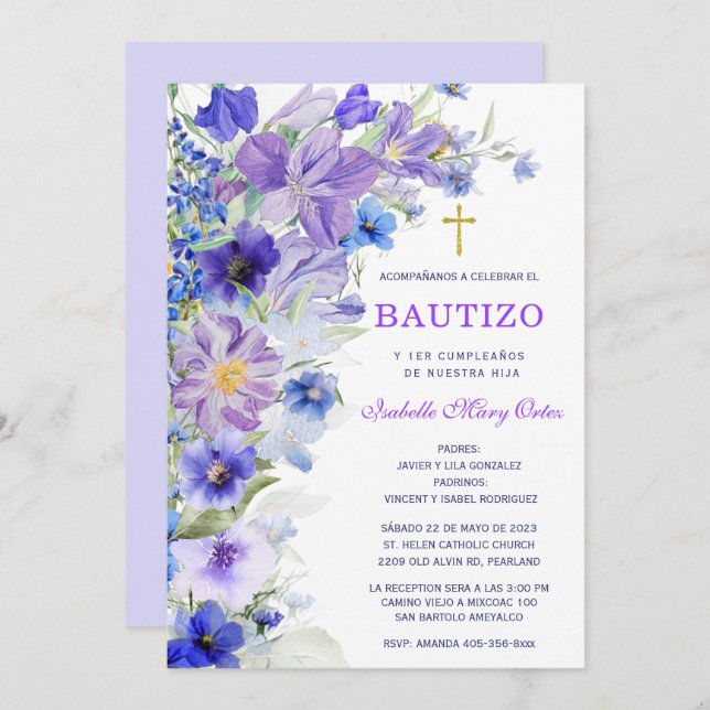 Invitation Baptême et premier anniversaire de notre fille (Devant / Derrière)